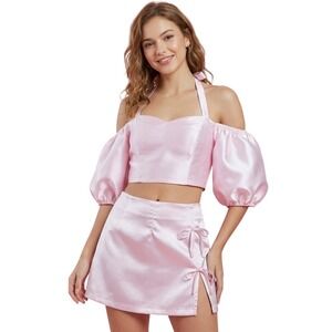 Sugar Thrillz Twilight Soiree Puff Sleeve XL Top Pink Satin Crop Halter Coquette